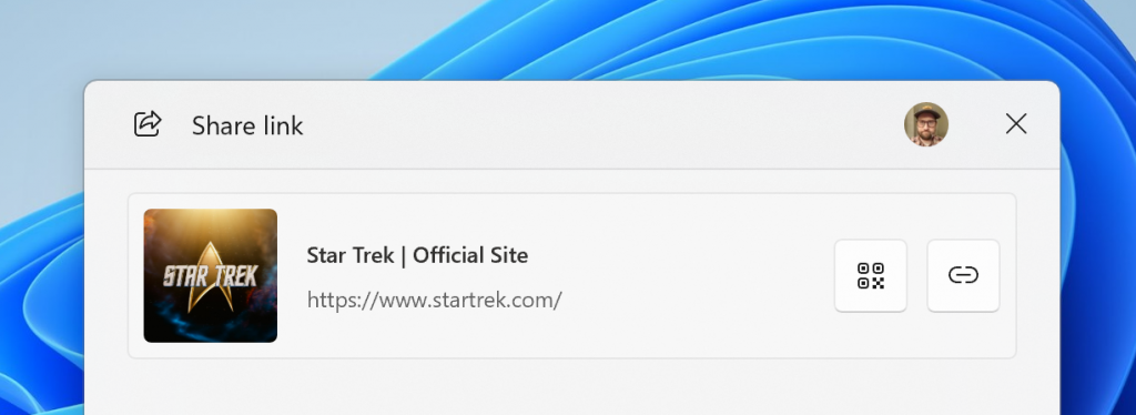 Anteprima visiva dei collegamenti e dei contenuti Web nella finestra di condivisione di Windows.