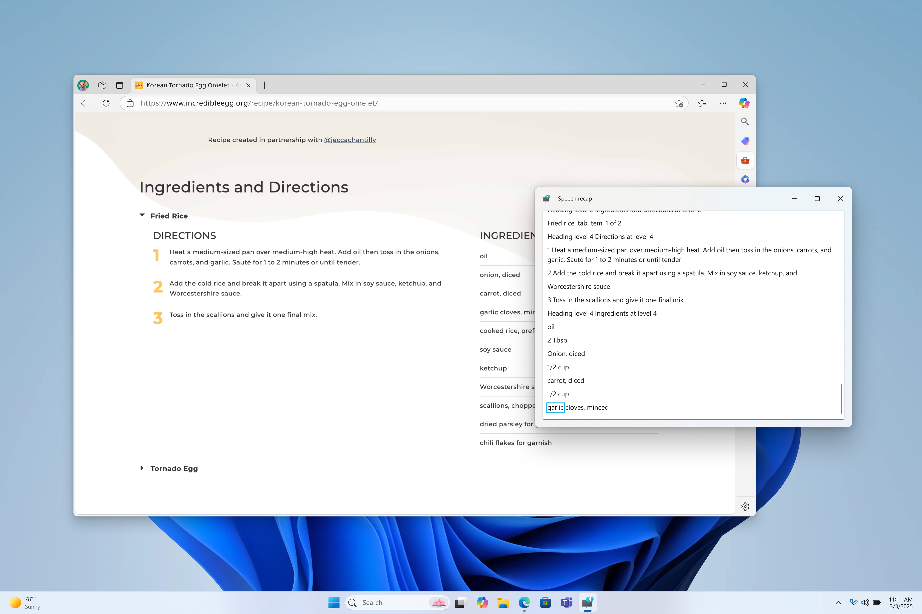 The new speech recap window in Narrator.