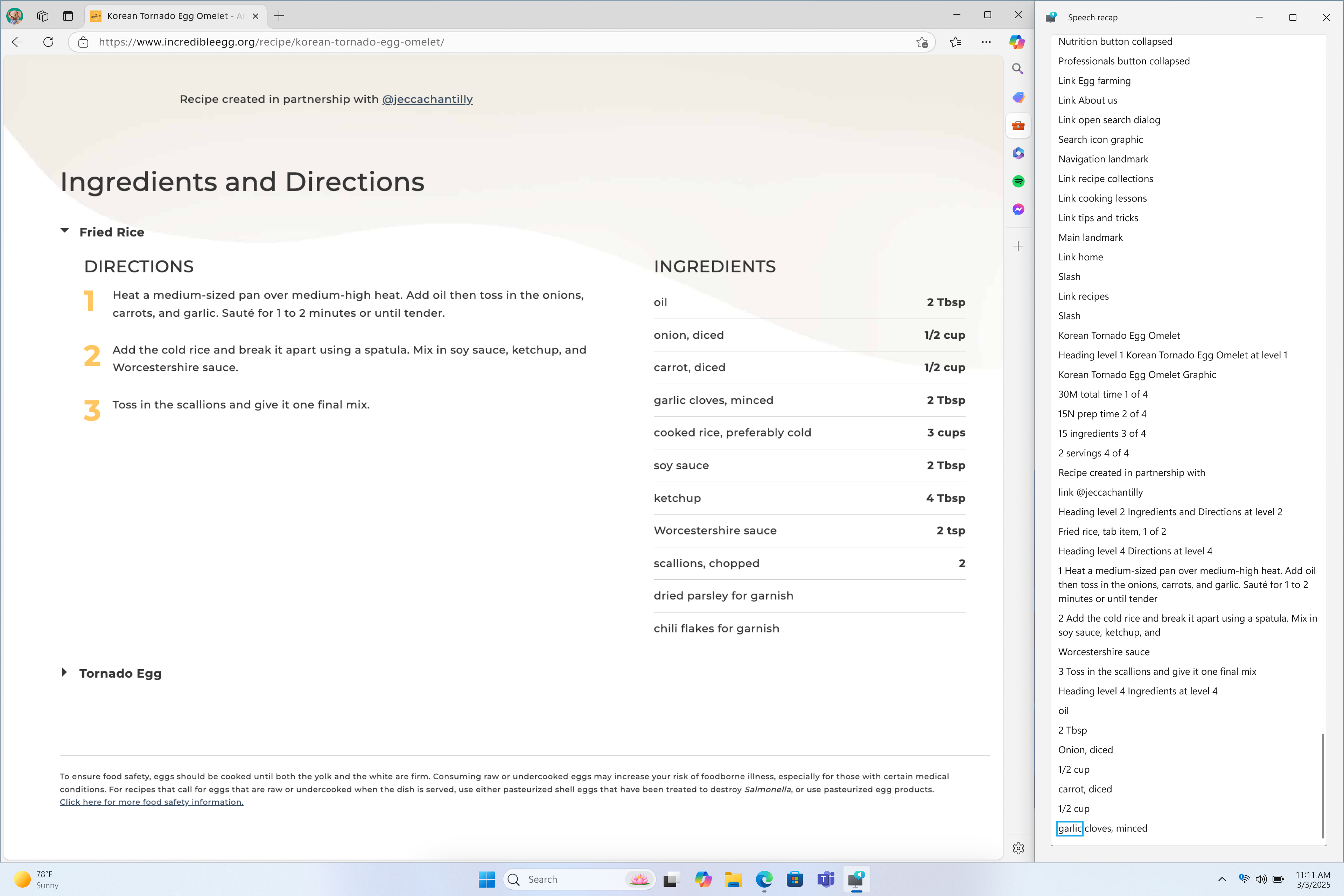 Narrator’s speech recap window snapped to the right corner of screen showing real-time transcriptions.