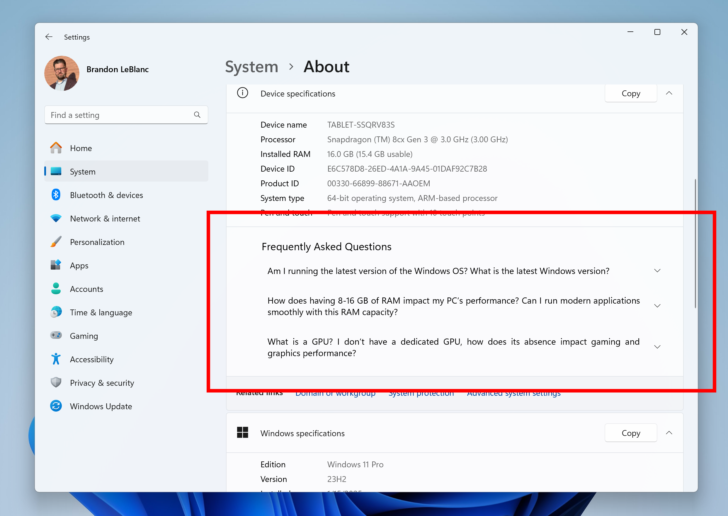 FAQ section highlighted in a red box on the About settings page.