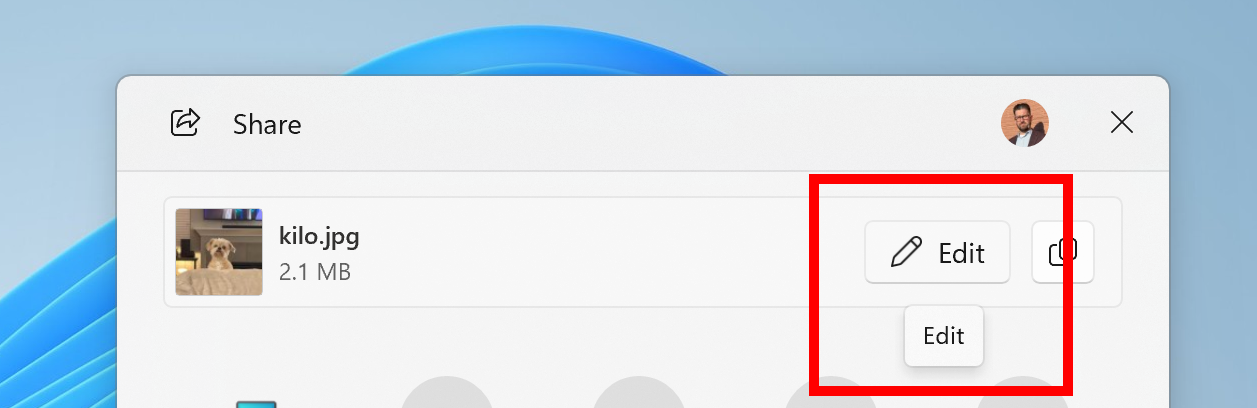New edit button in the Windows share window when sharing local images.