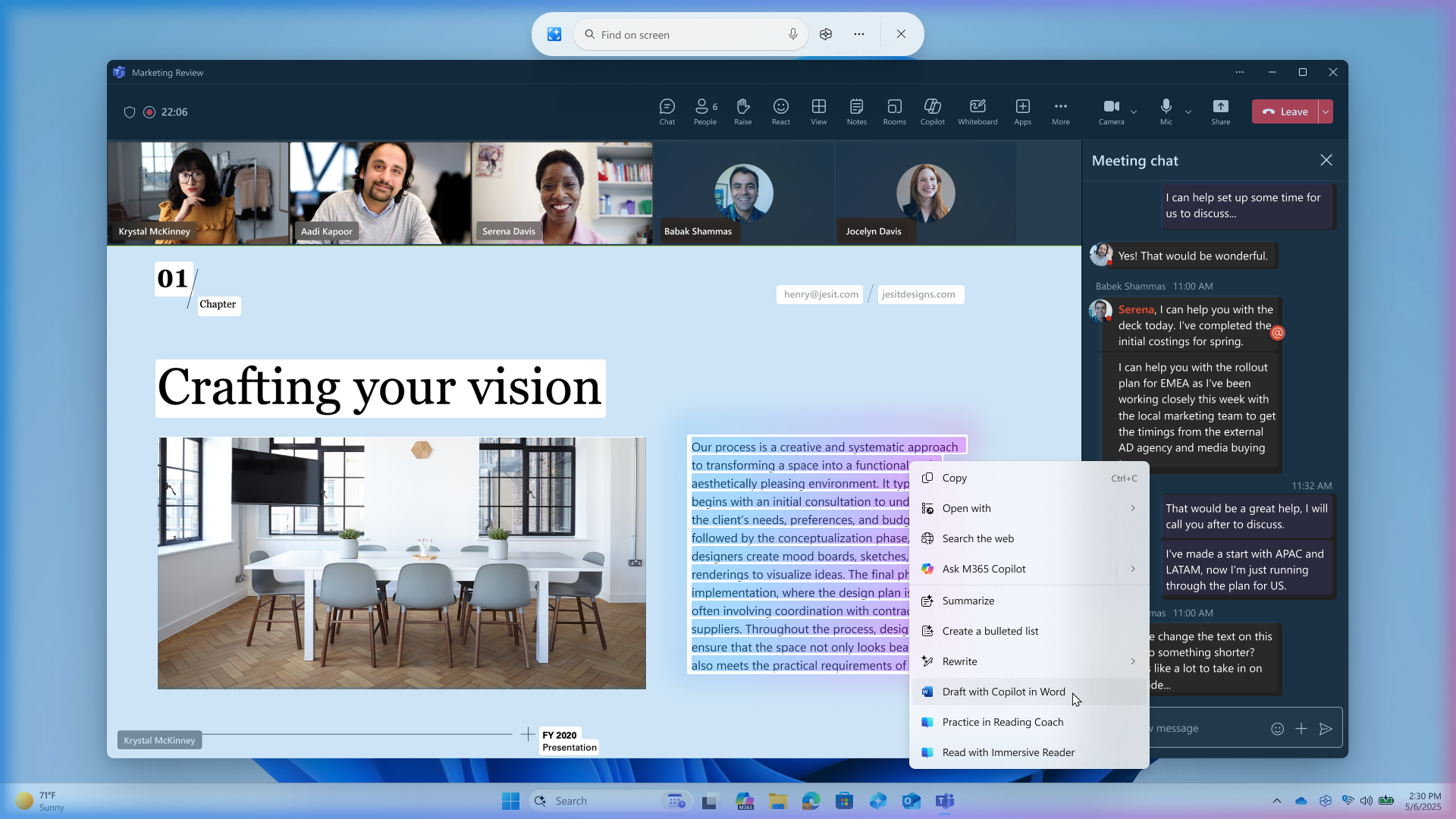 Click to Do showing “Draft with Copilot in Word” action on content being shared during a Microsoft Teams call.