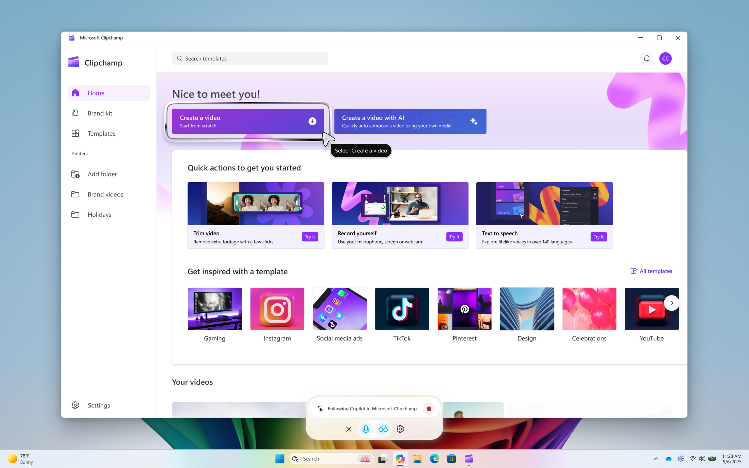 Copilot Vision on Windows highlights – “Show me how to get started to create a video in Clipchamp”.