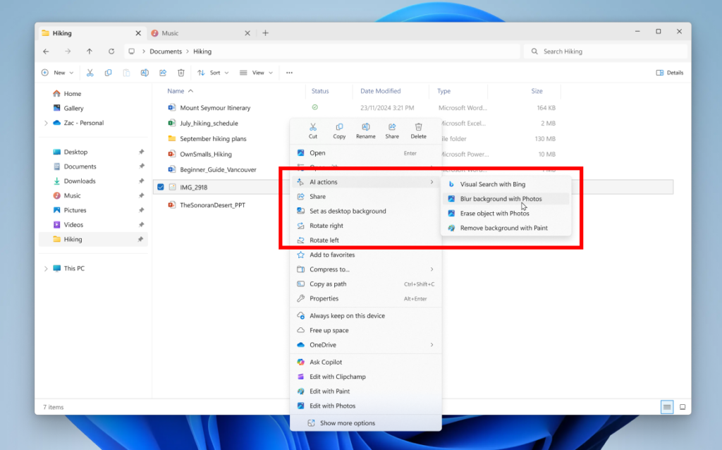 File Explorer with context menu expanded on a file showing new AI actions highlighted in a red box.