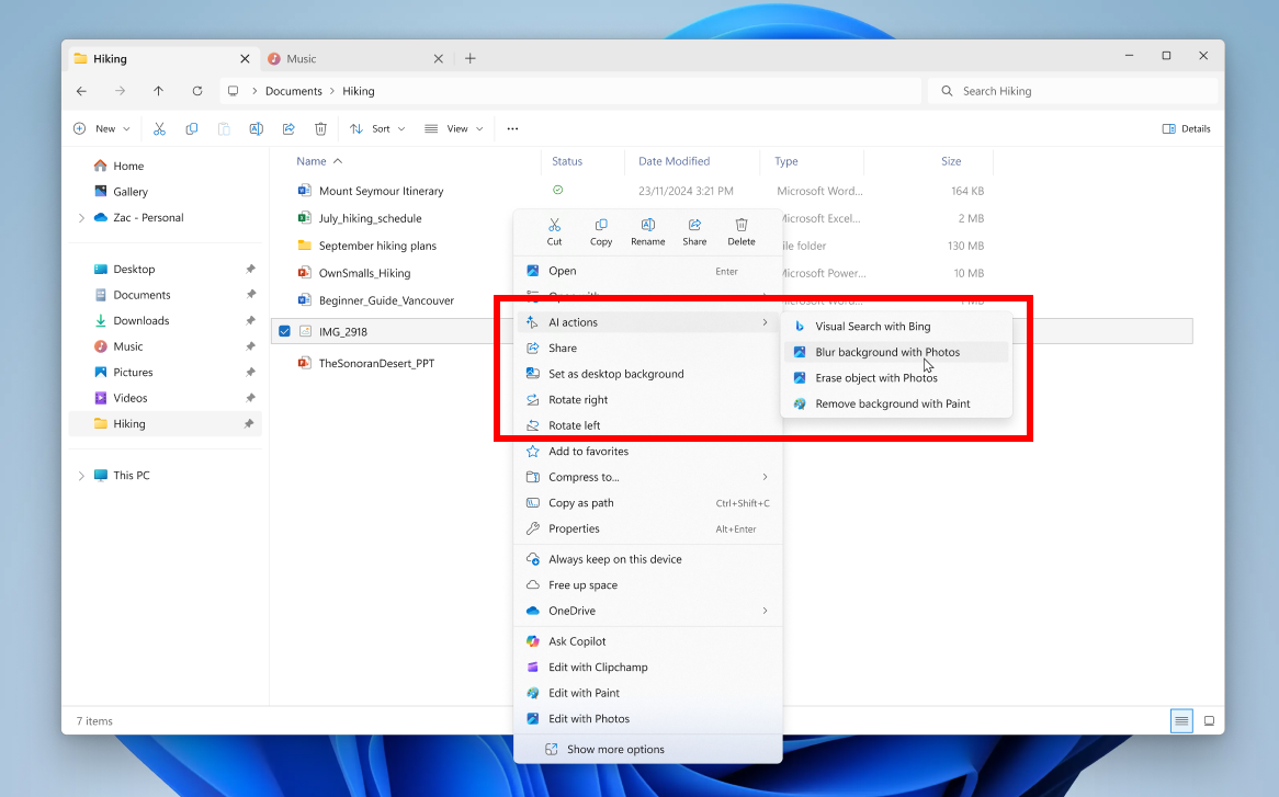 File Explorer with context menu expanded on a file showing new AI actions highlighted in a red box.