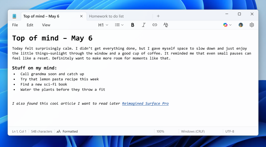 Notepad window open showing formatted content.