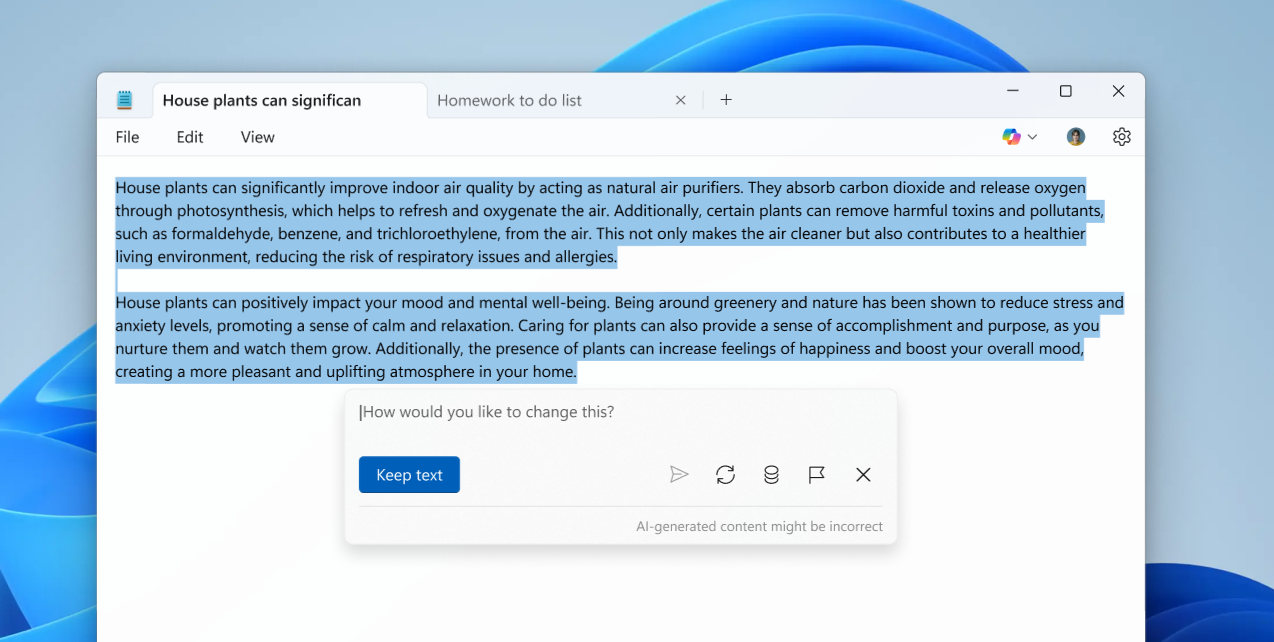Notepad using the AI write feature to highlight text.
