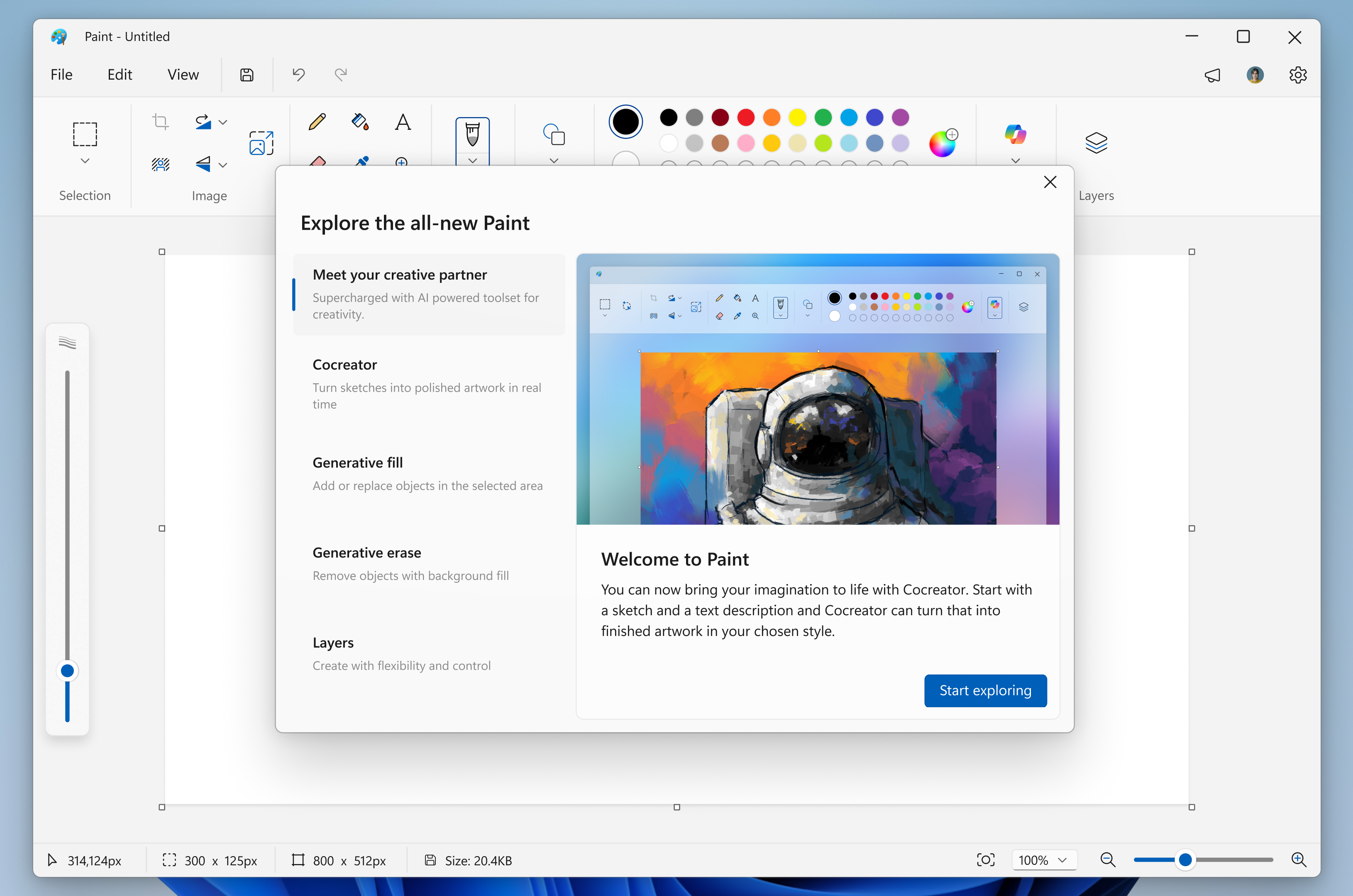 Paint showing the welcome experience highlighting the new features to explore in Paint. Paint showing the welcome experience highlighting the new features to explore in Paint.