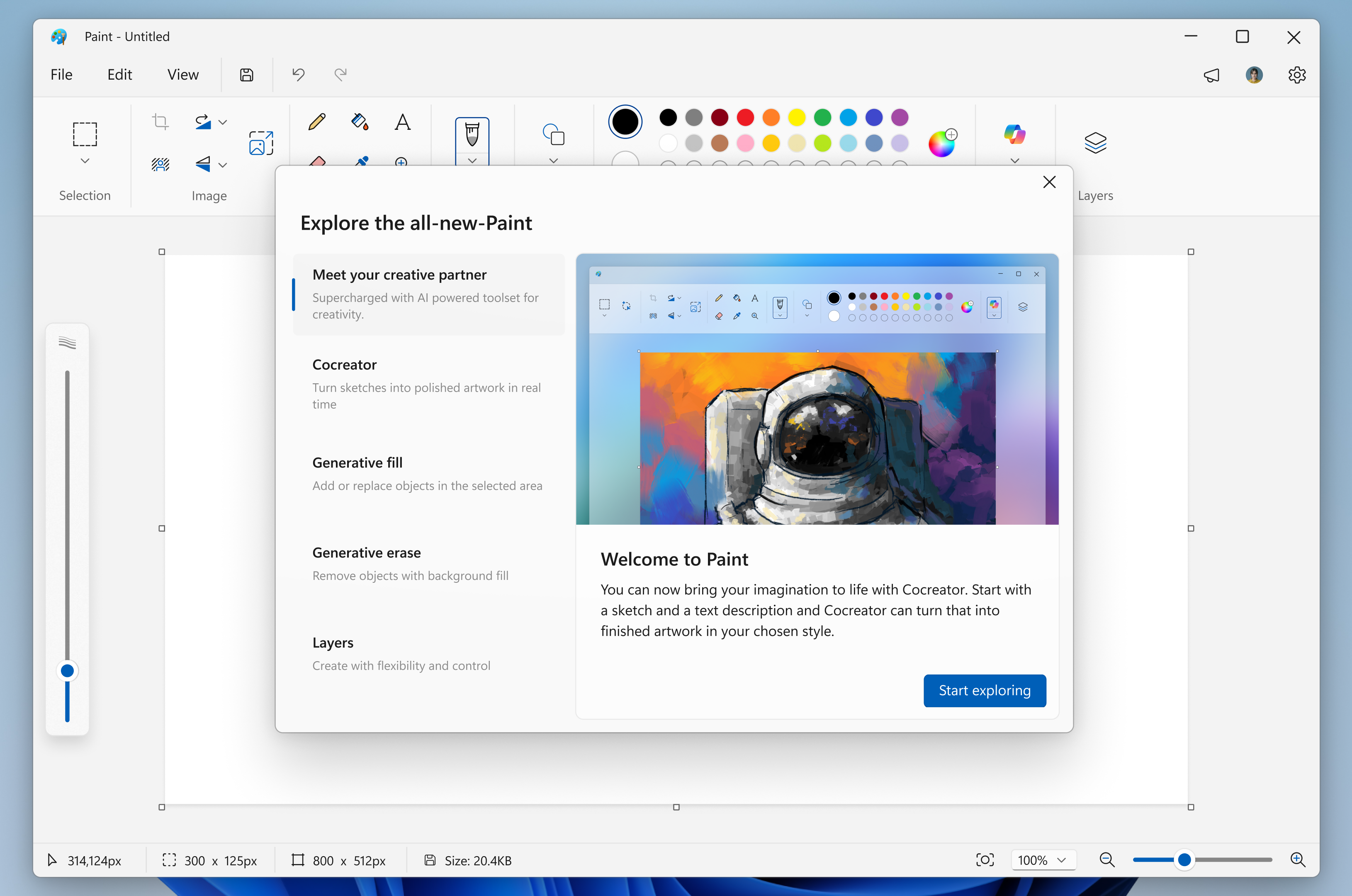 Paint showing the welcome experience highlighting the new features to explore in Paint.