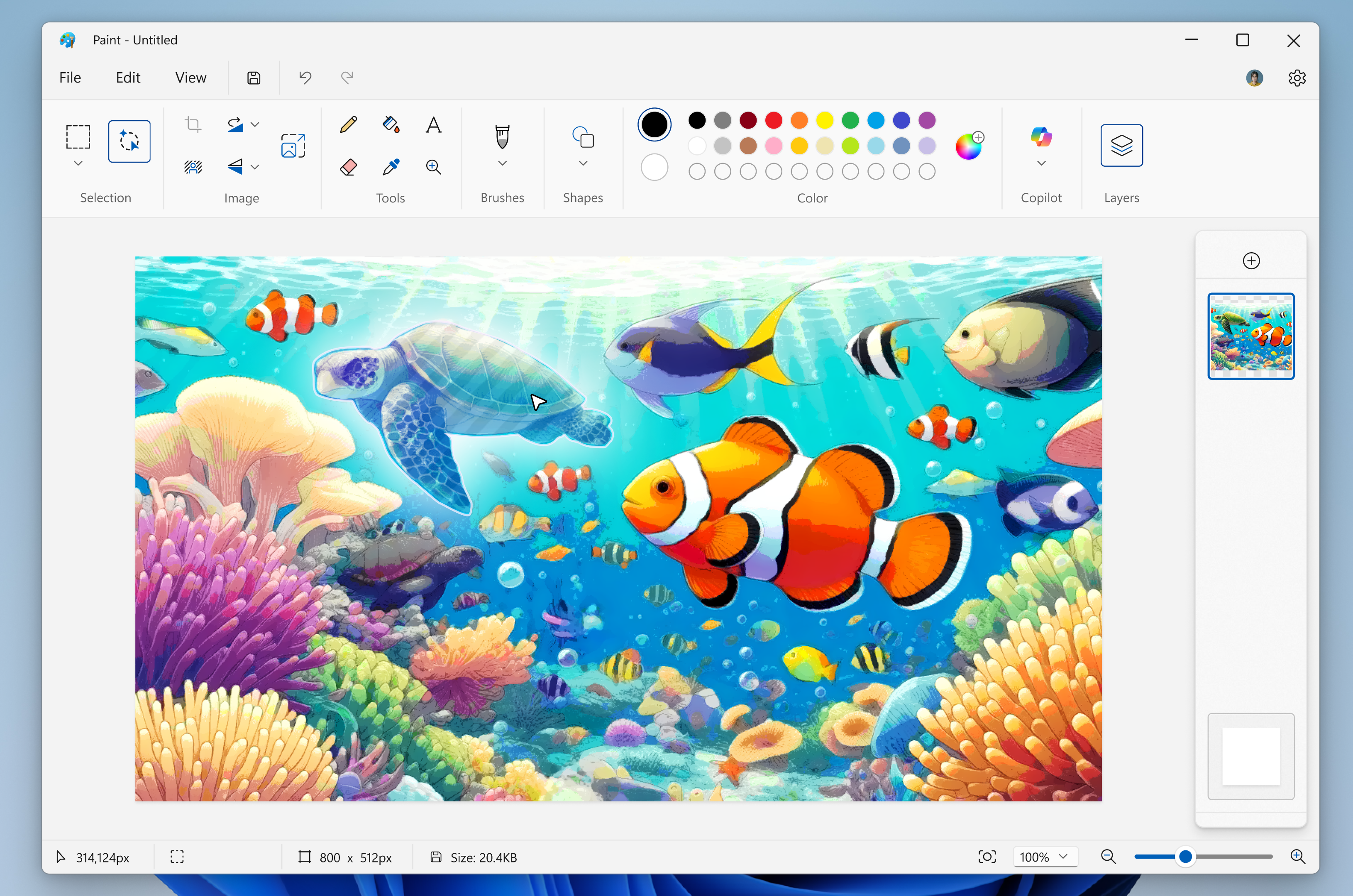 Paint showing colorful fish swimming in the water and Object Select highlighting the image.