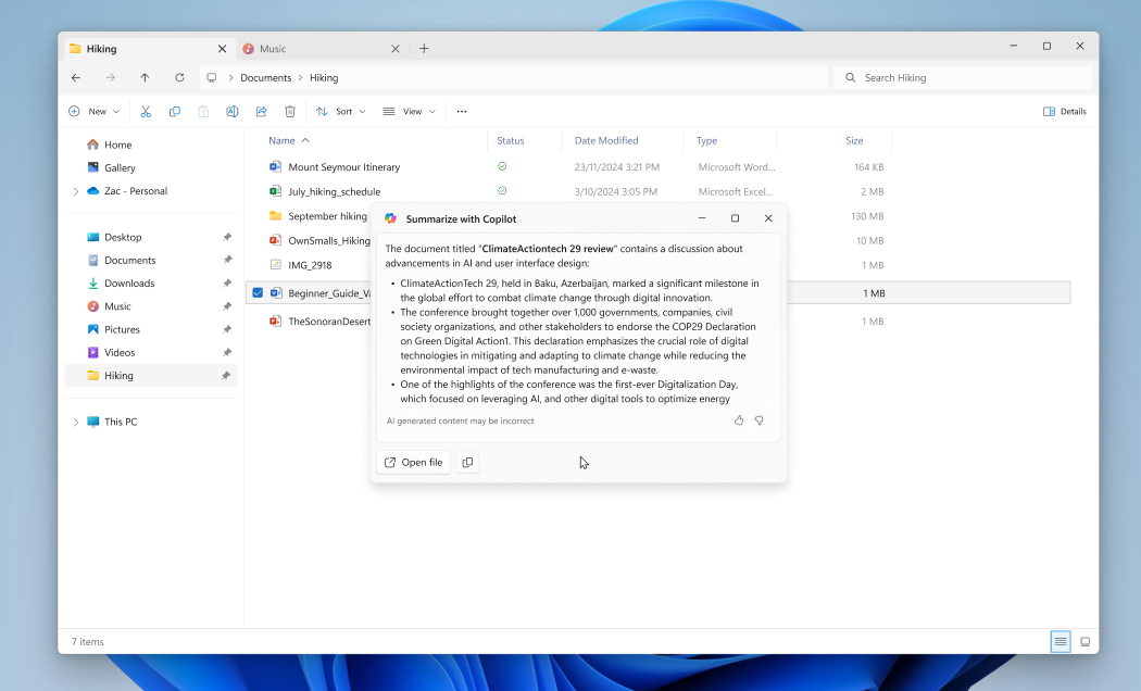 A summary of a document in File Explorer via the Summarize Microsoft 365 action.