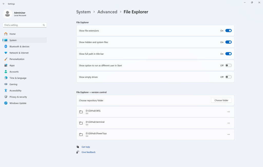 Advanced settings page for File Explorer.