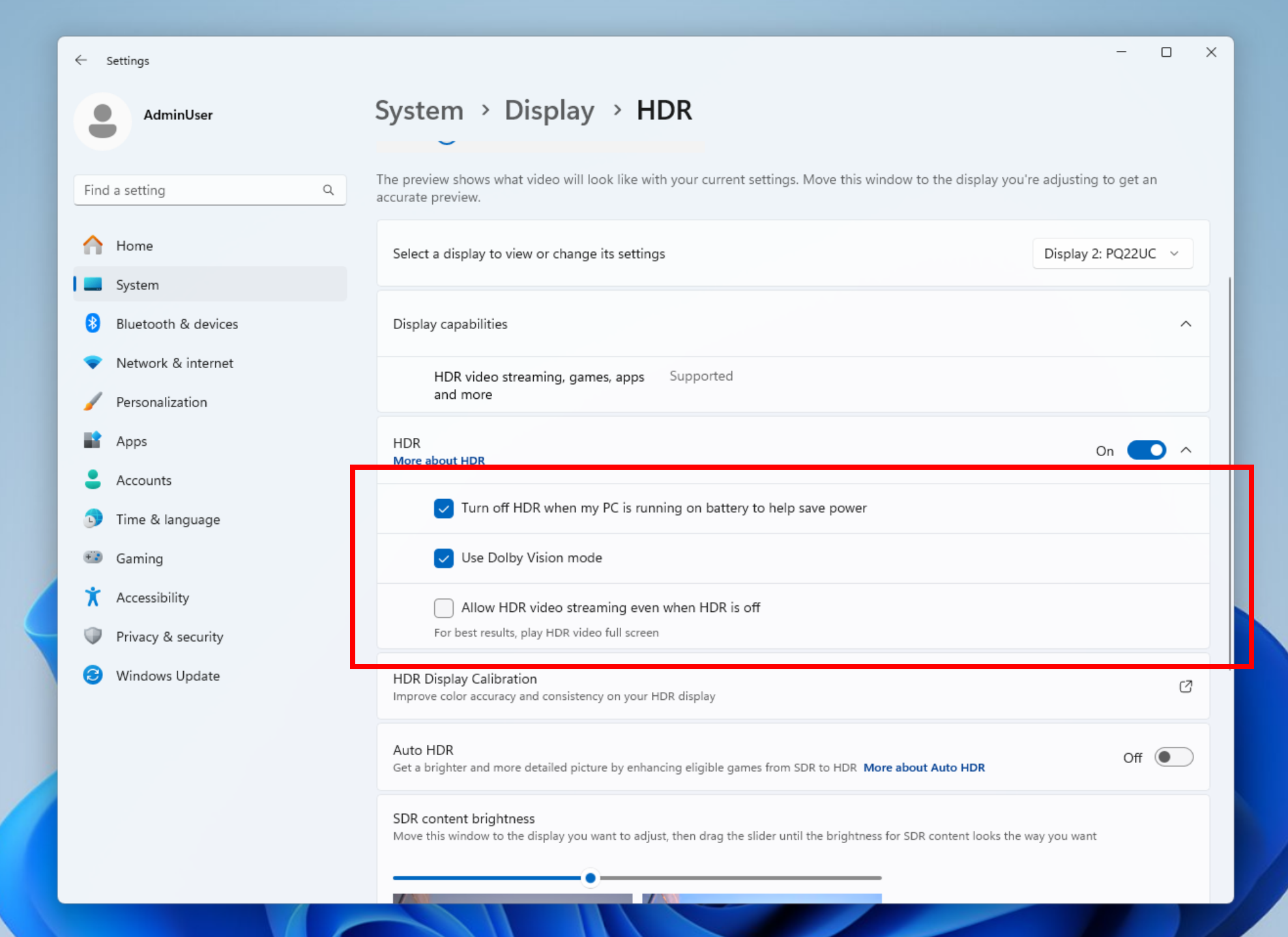 New HDR management settings highlighted in a red box. New HDR management settings highlighted in a red box.