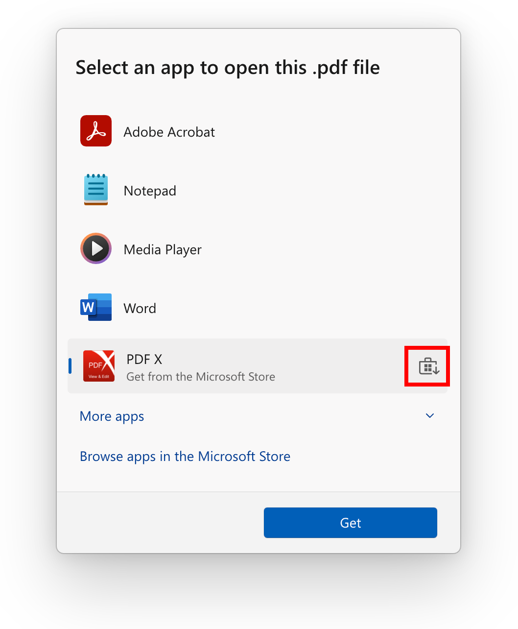 “Open with” dialog with Store icon highlighted in a red box denoting a recommendation from the Microsoft Store.