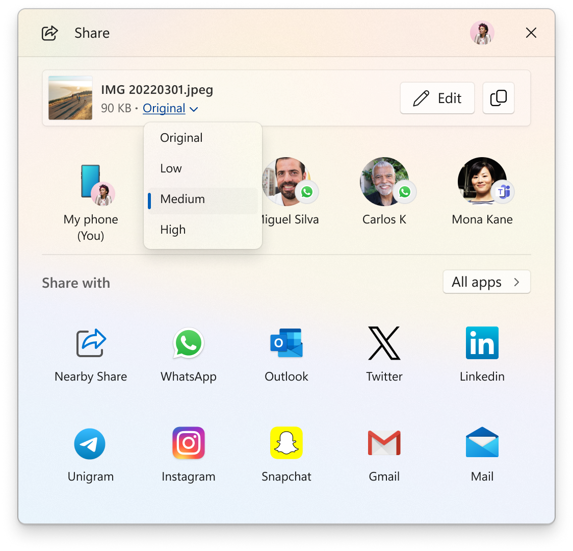 New drop-down menu for compression scale of high, medium, or low when sharing images in the Windows share window.