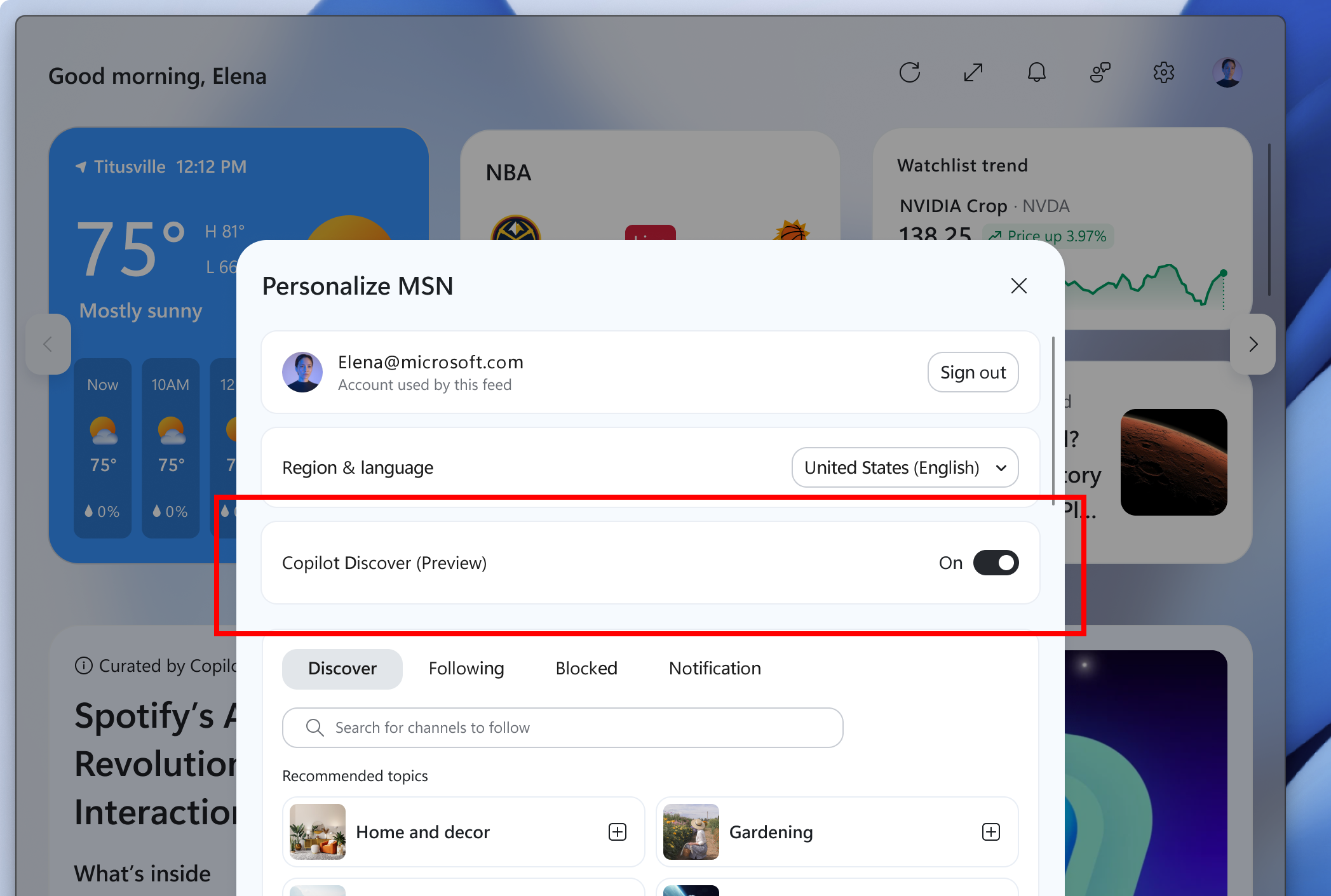 Toggle for Copilot Discover (Preview) in a red box.
