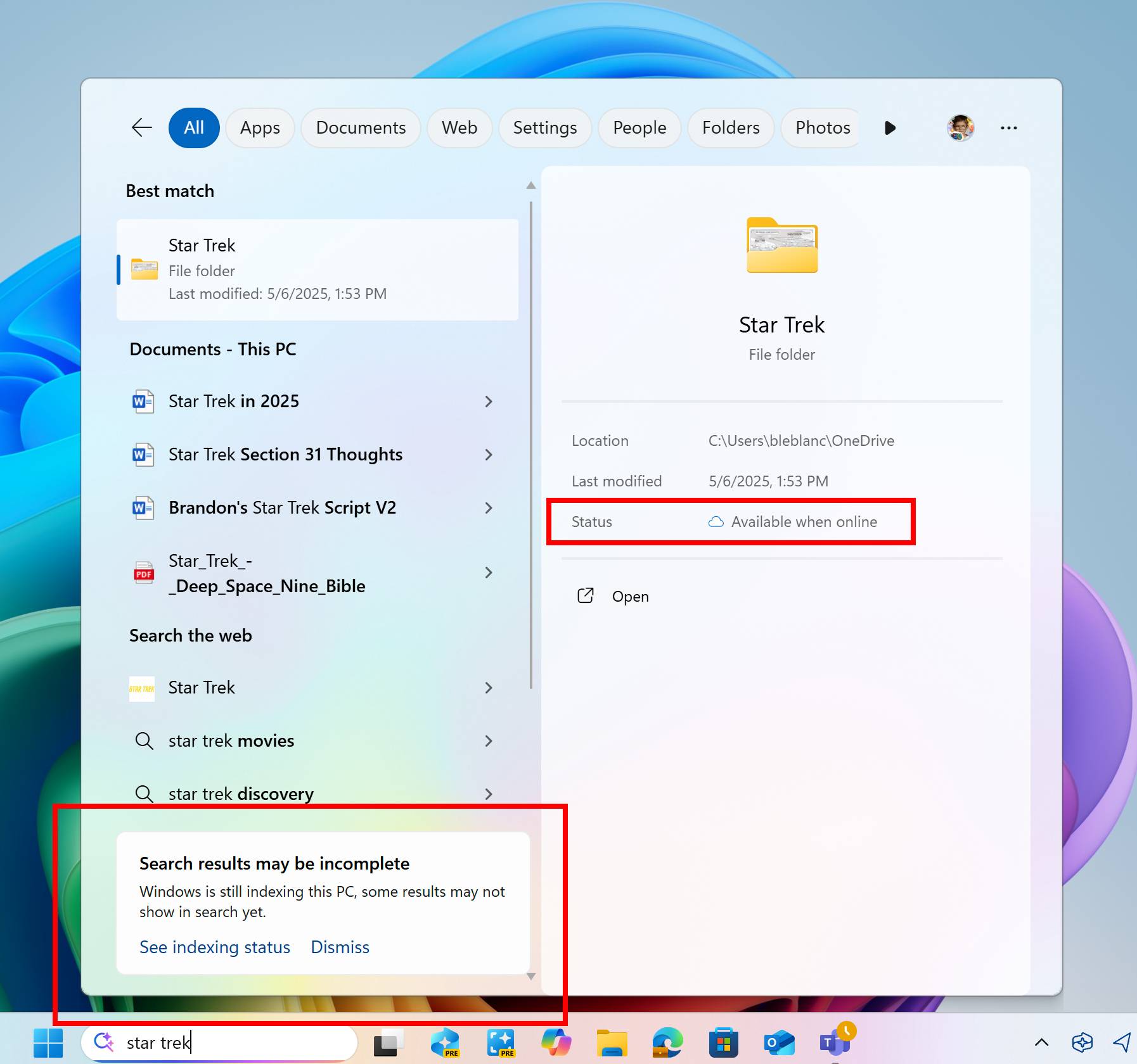 Windows search box improvements for search results highlighted in red boxes.