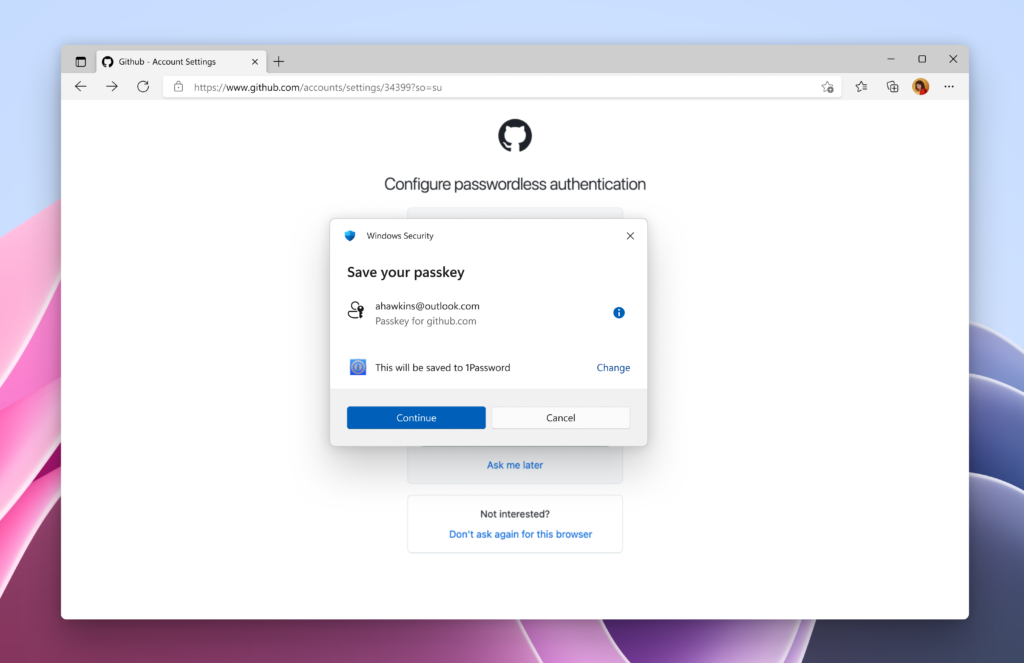 Saving a passkey to 1Password.