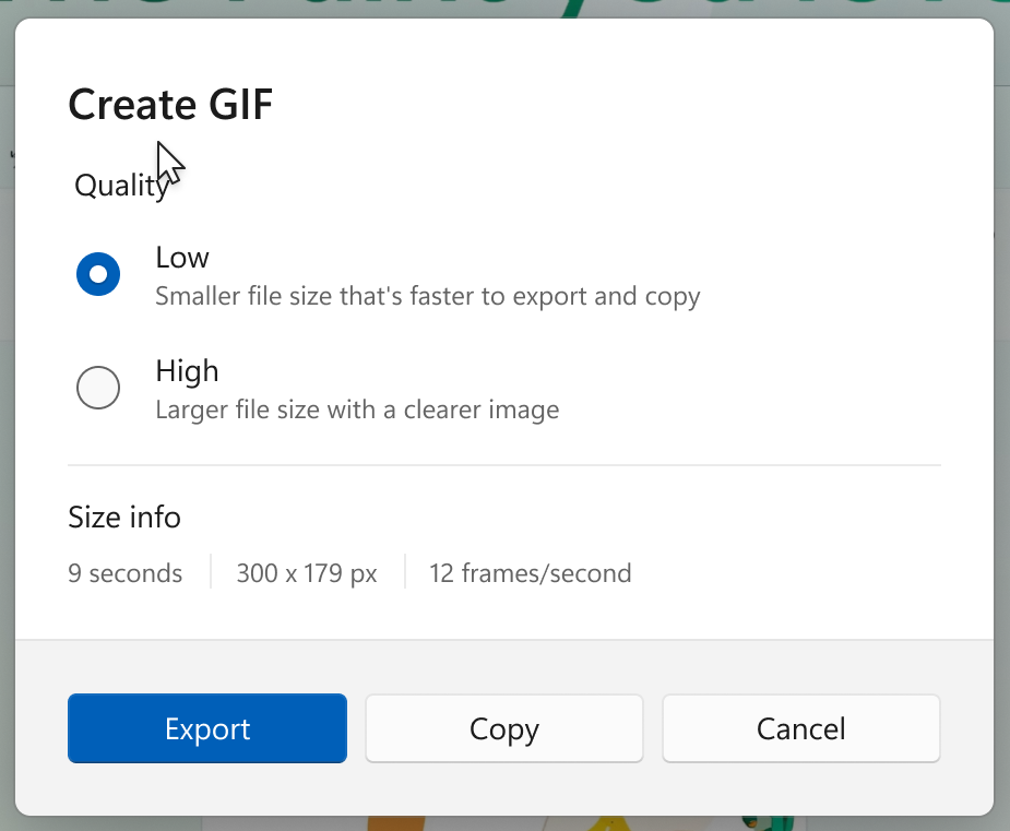 Snipping Tool GIF Export tool with the low GIF quality option selected.
