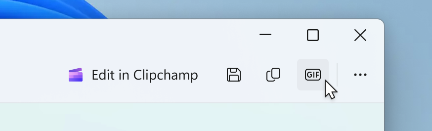 Snipping Tool playback app window toolbar with the cursor hovering over the new “Export GIF” tool.