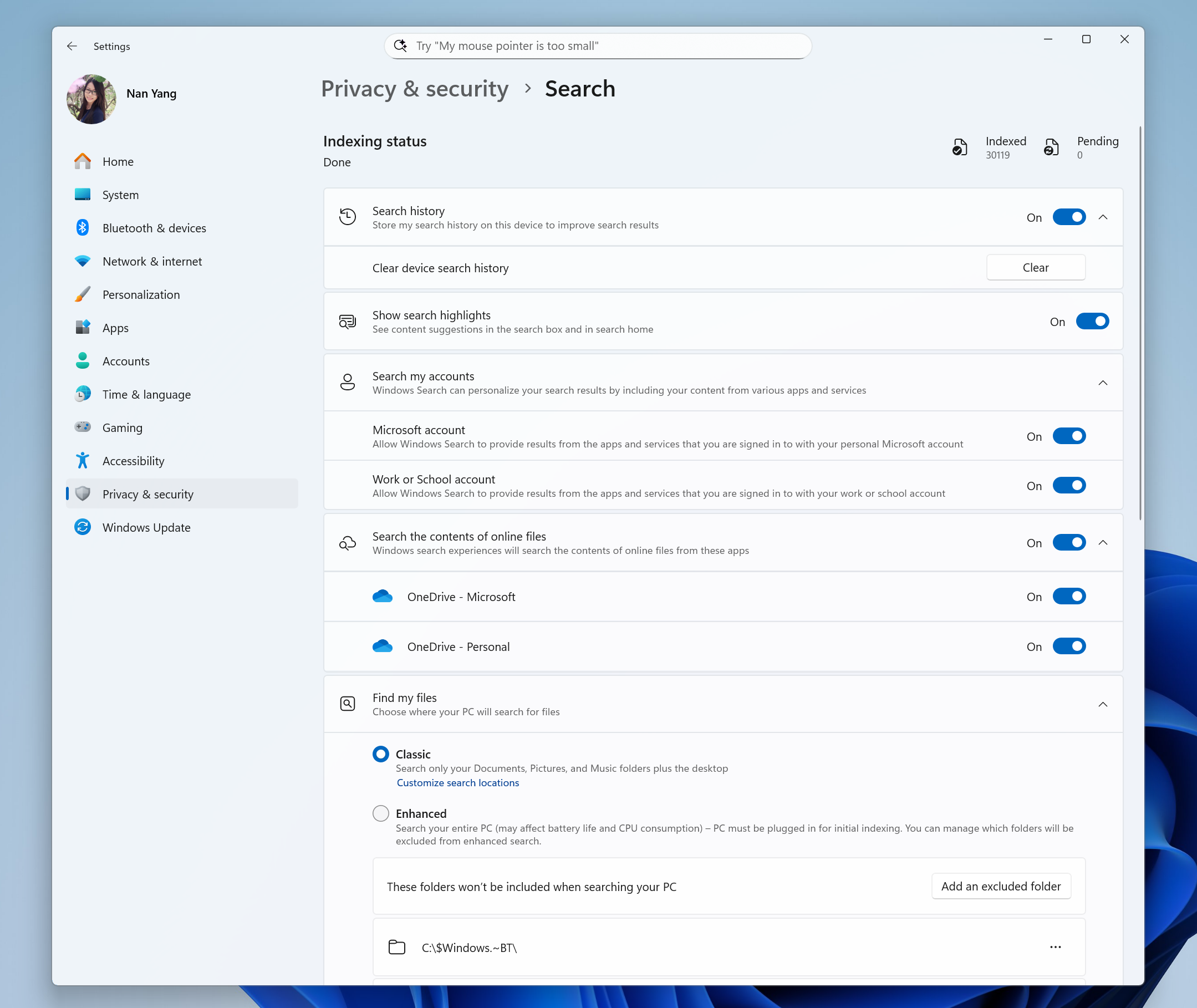 The updated single settings page for Windows Search.