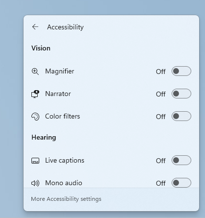 New grouping by vision, hearing, motor and mobility in the Accessibility flyout in quick settings.