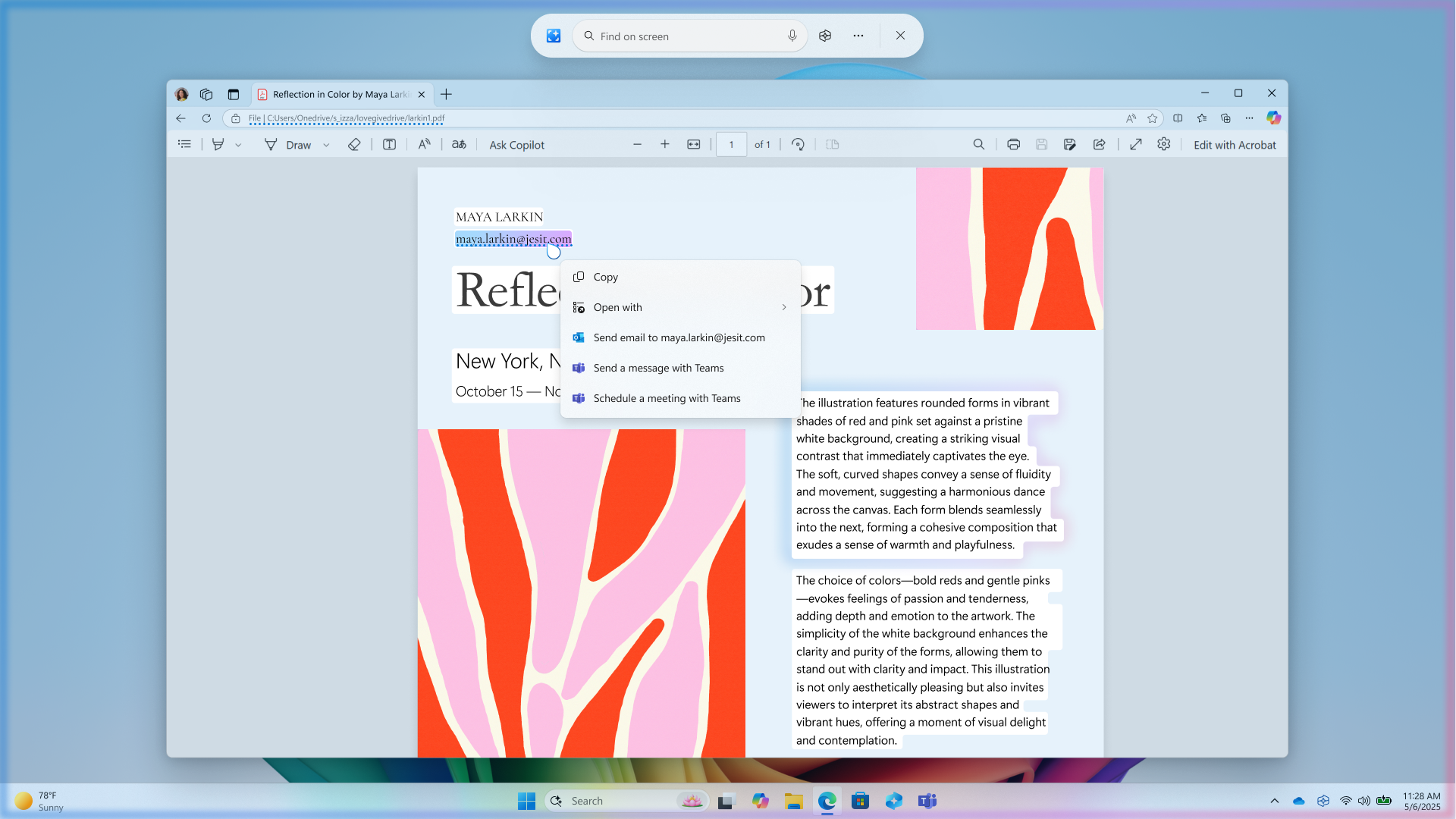 Click to Do showing “Schedule a meeting with Teams” or “Send a message with Teams” actions on a PDF document in Microsoft Edge.