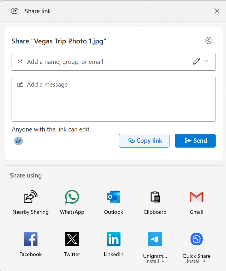 Ability to share OneDrive cloud file links via other apps via the Windows share window.