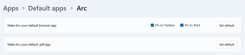 Default apps settings page showing new functionality for pinning and .pdf file type.