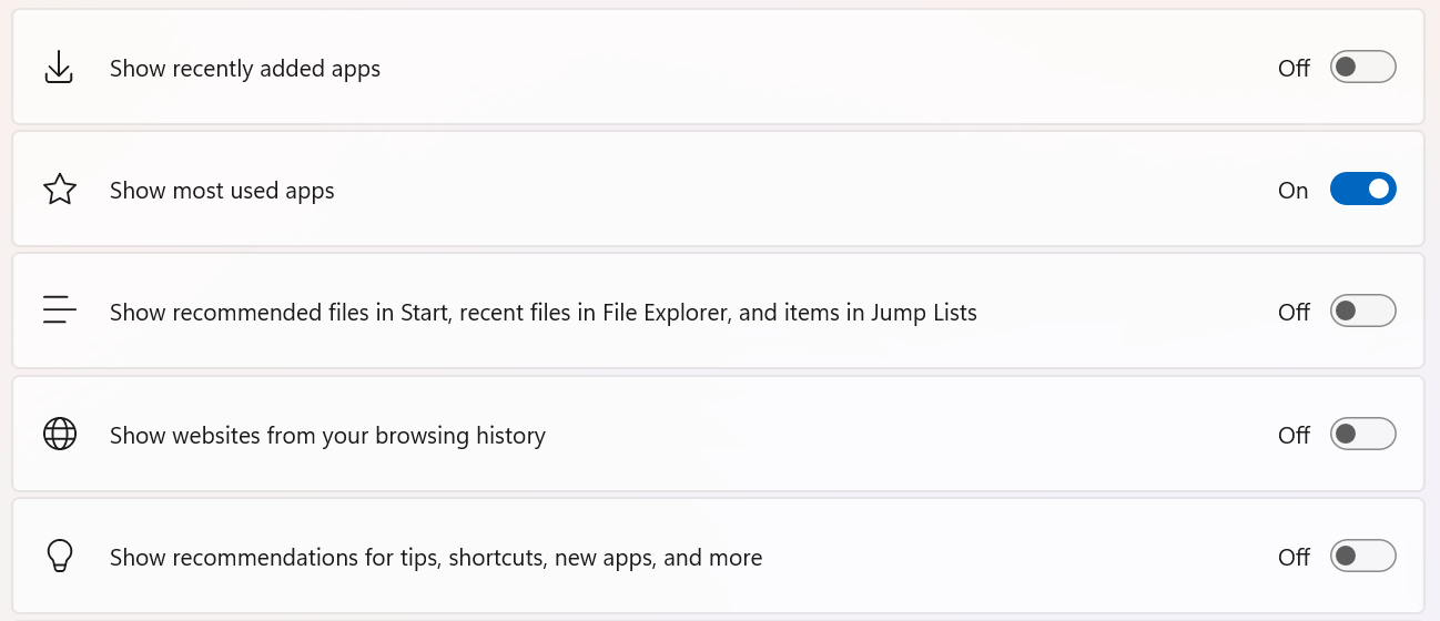 Toggles in Settings app to turn on/off features in Start.
