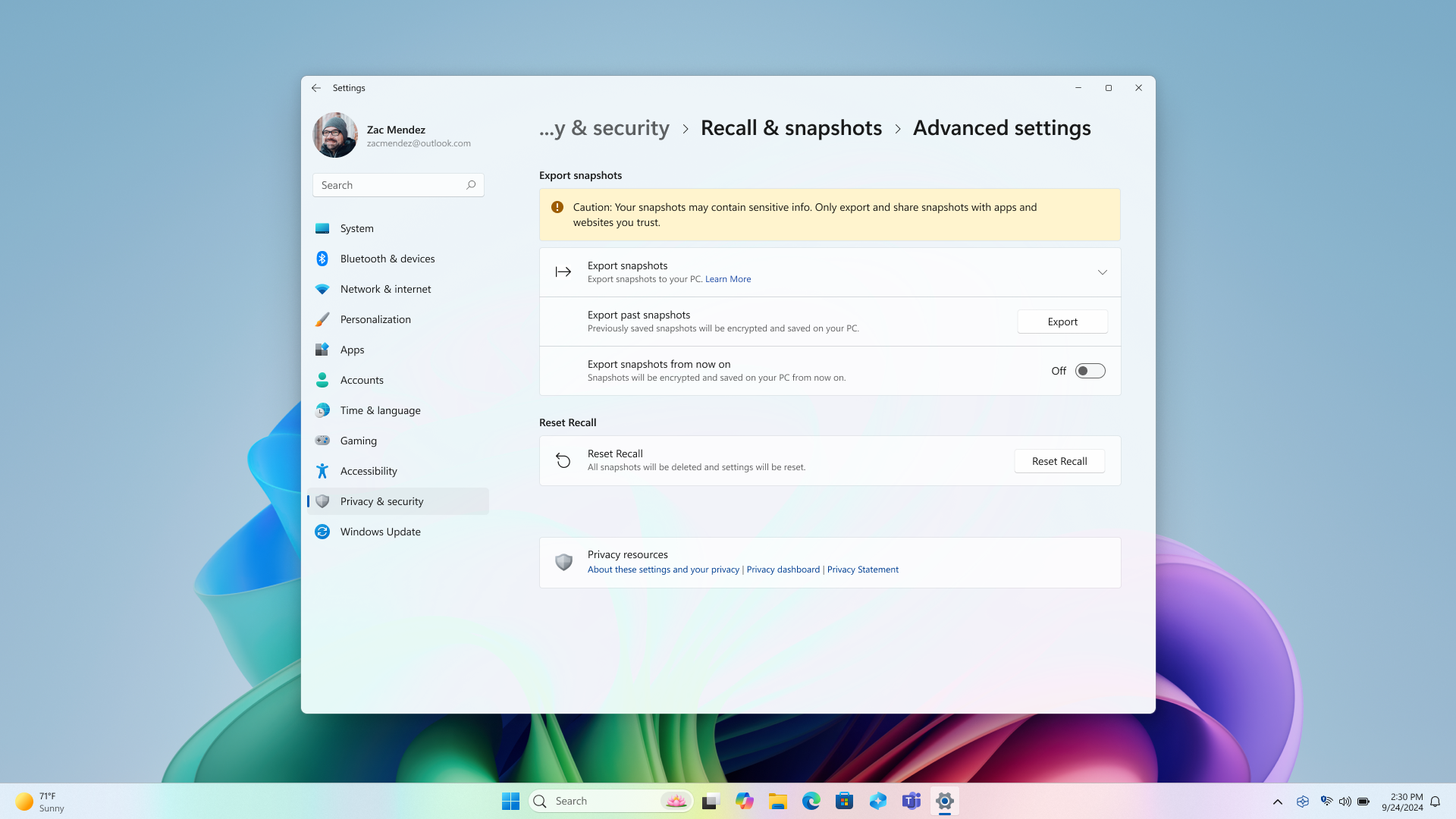 Advanced settings page for Recall with option to export.