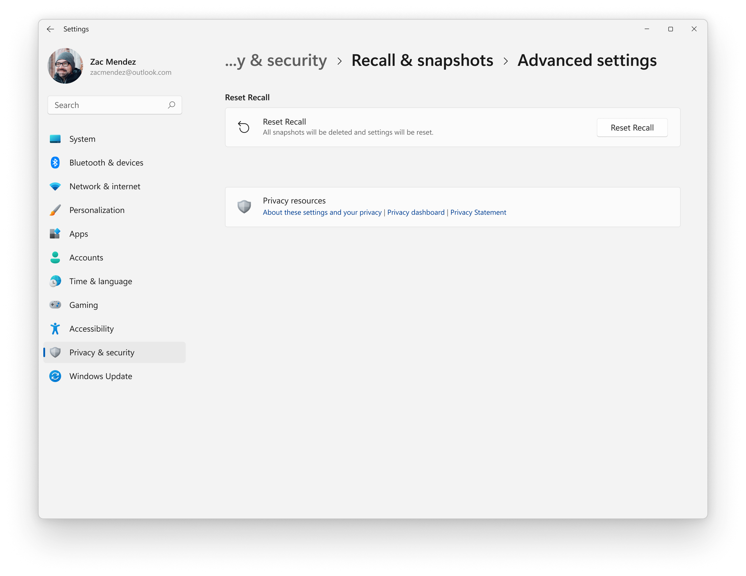 Advanced settings page for Recall with new reset option.