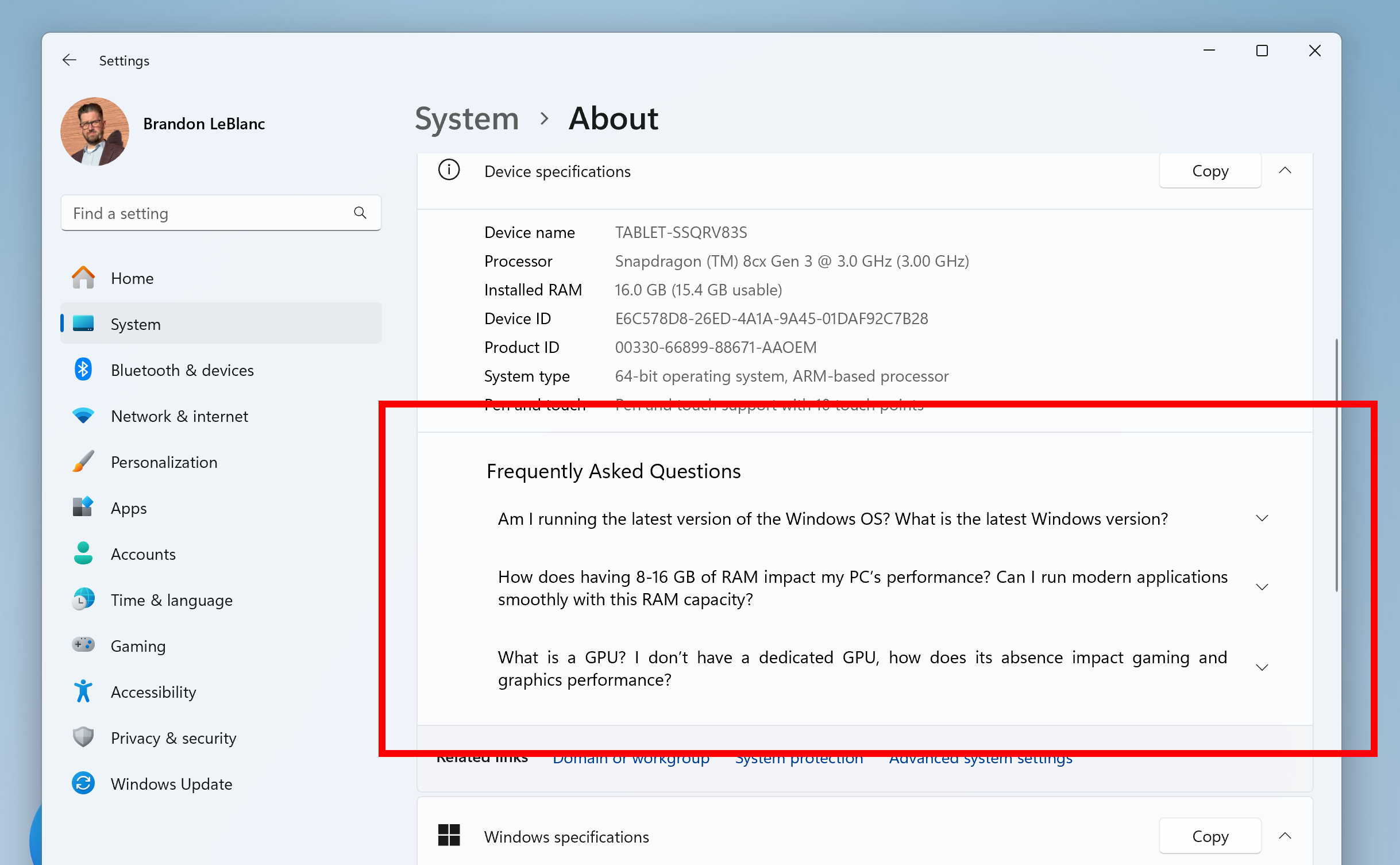 FAQ section highlighted in a red box on the About settings page.