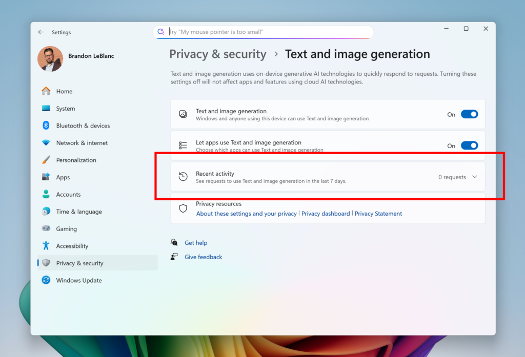 Pagina delle impostazioni per la generazione di testo e immagini con l'attività recente evidenziata in un riquadro rosso per vedere quali app utilizzano modelli di intelligenza artificiale generativa forniti da Windows.