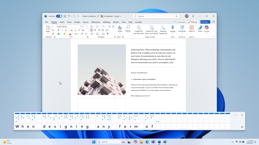 Représentation textuelle et braille à l'écran affichée sur un document Word.