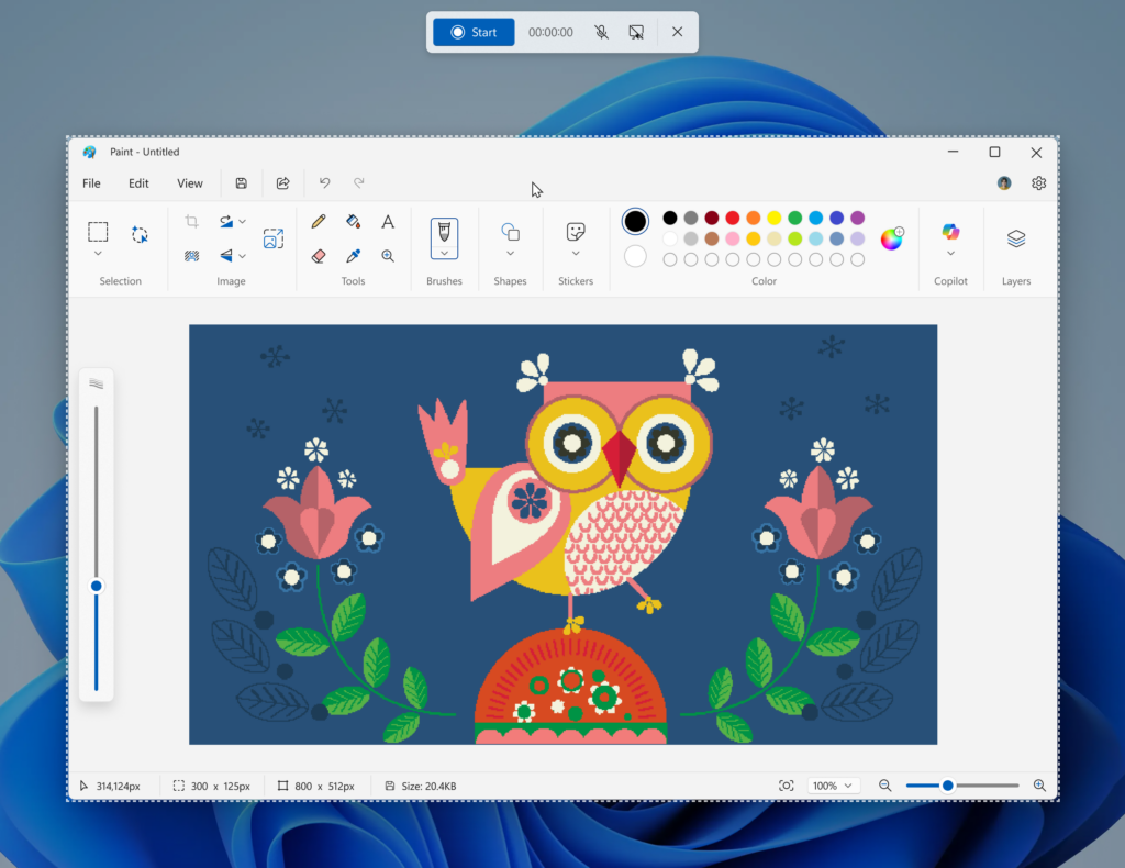 Impostazione della registrazione dello schermo della finestra dell'app Paint con interfaccia utente che indica che la registrazione dello schermo è impostata sulla posizione di quella specifica finestra dell'app.