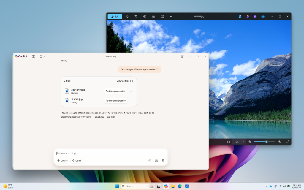 La ricerca semantica dei file (disponibile su Copilot+ PC) aiuta a trovare le immagini di un paesaggio.