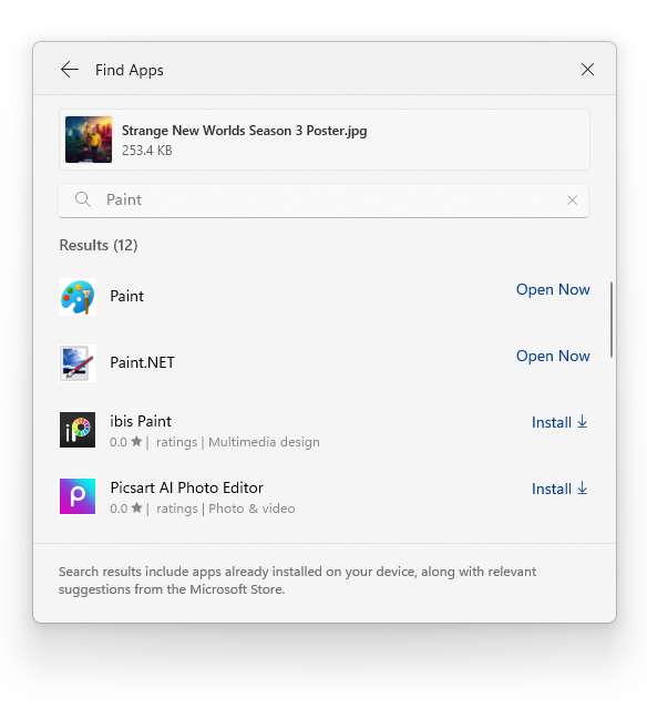 Résultats affichés pour la recherche de Paint directement dans la fenêtre de recherche Windows à l'aide de « Rechercher des applications ».