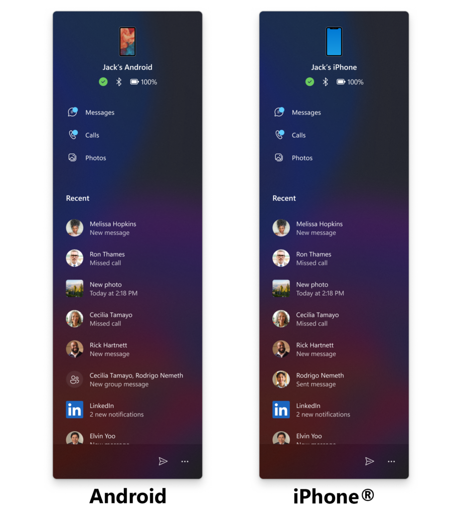 L'esperienza di accompagnamento del dispositivo mobile riprogettata per il menu Start che mostra un dispositivo Android sulla sinistra e un iPhone® sulla destra.