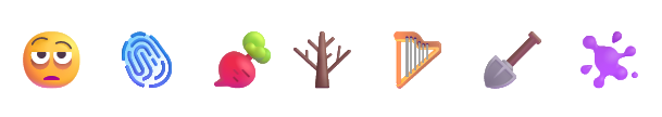 New Emoji 16.0 emoji from left to right: Face with Bags Under Eyes, Fingerprint, Root Vegetable, Leafless Tree, Harp, Shovel, and Splatter.