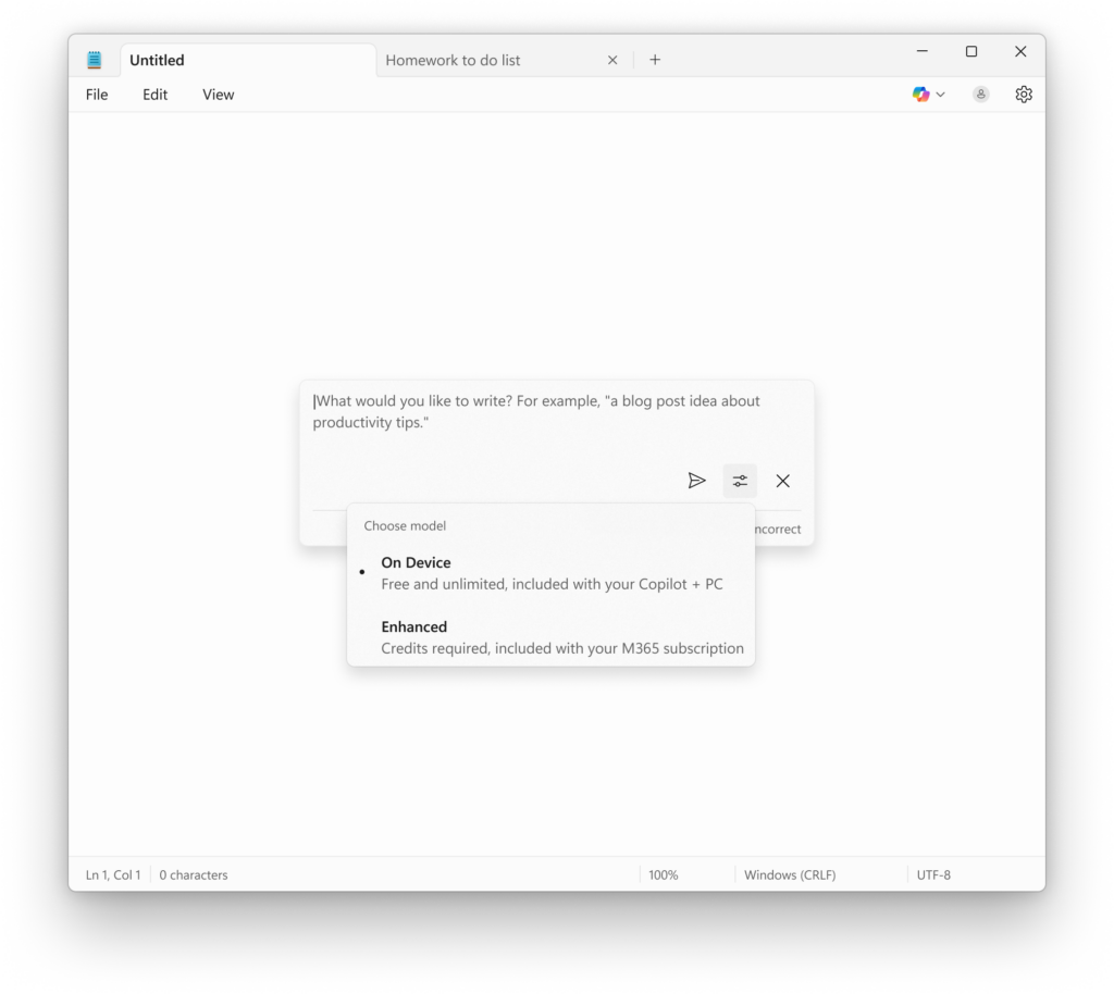 Notepad showing Write prompt with the ability to use the local model on your Copilot+ PC without a subscription. 
