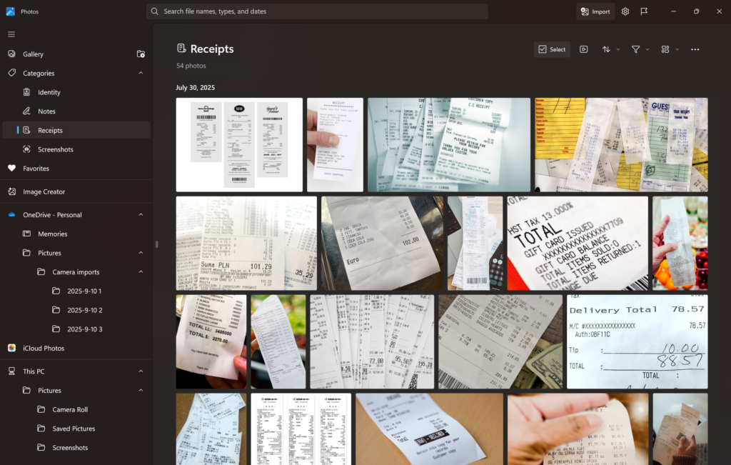 A photo showing Windows Photos app categorizing images of Receipts using the AI powered Auto-categorization feature.