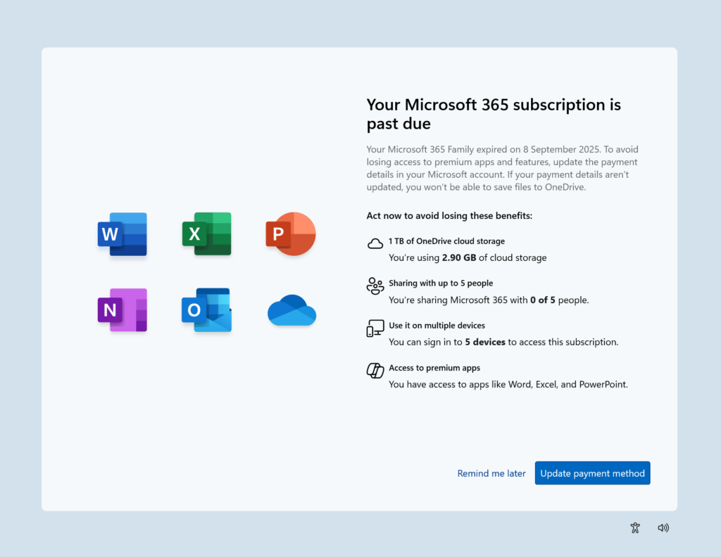 SCOOBE screen for notifying you your Microsoft 365 subscription is past due with link to take action.