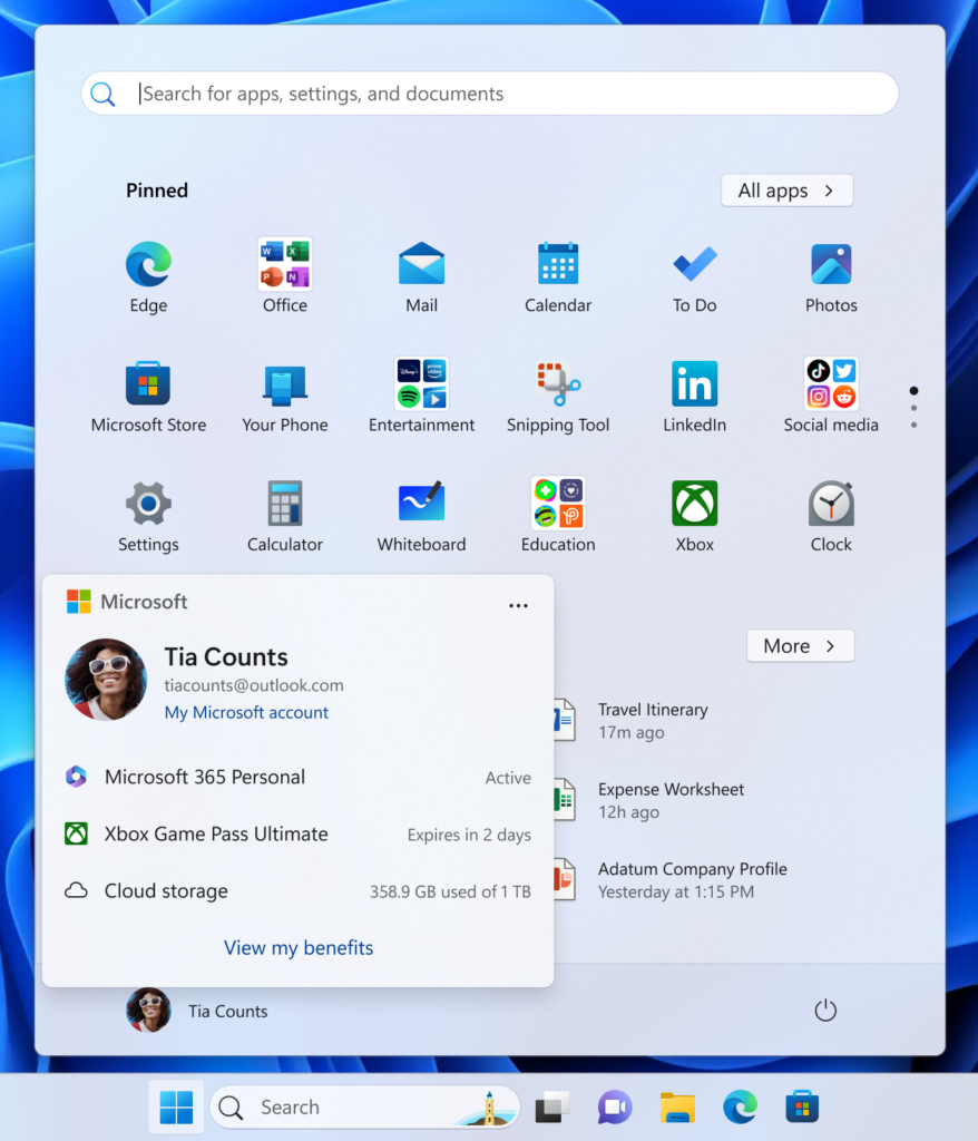 Account control in the Start menu has an option to “View my benefits” to take you directly to the benefits page on account.microsoft.com.