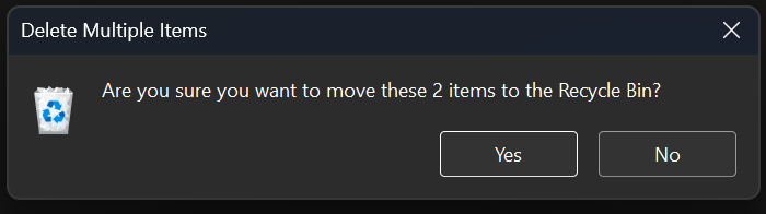The new recycle bin dialog in dark mode. 