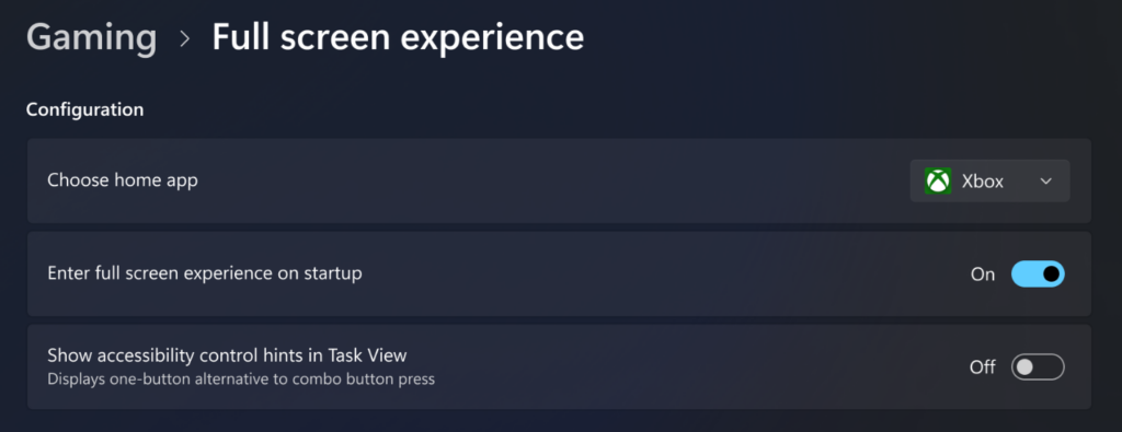 Settings screen shot showing Gaming and full screen experience enablement options for startup.