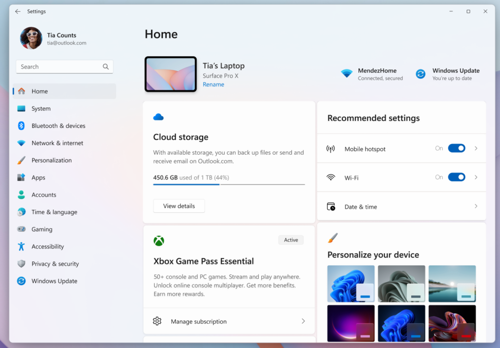Settings Home page reflect new Game Pass branding and benefits.