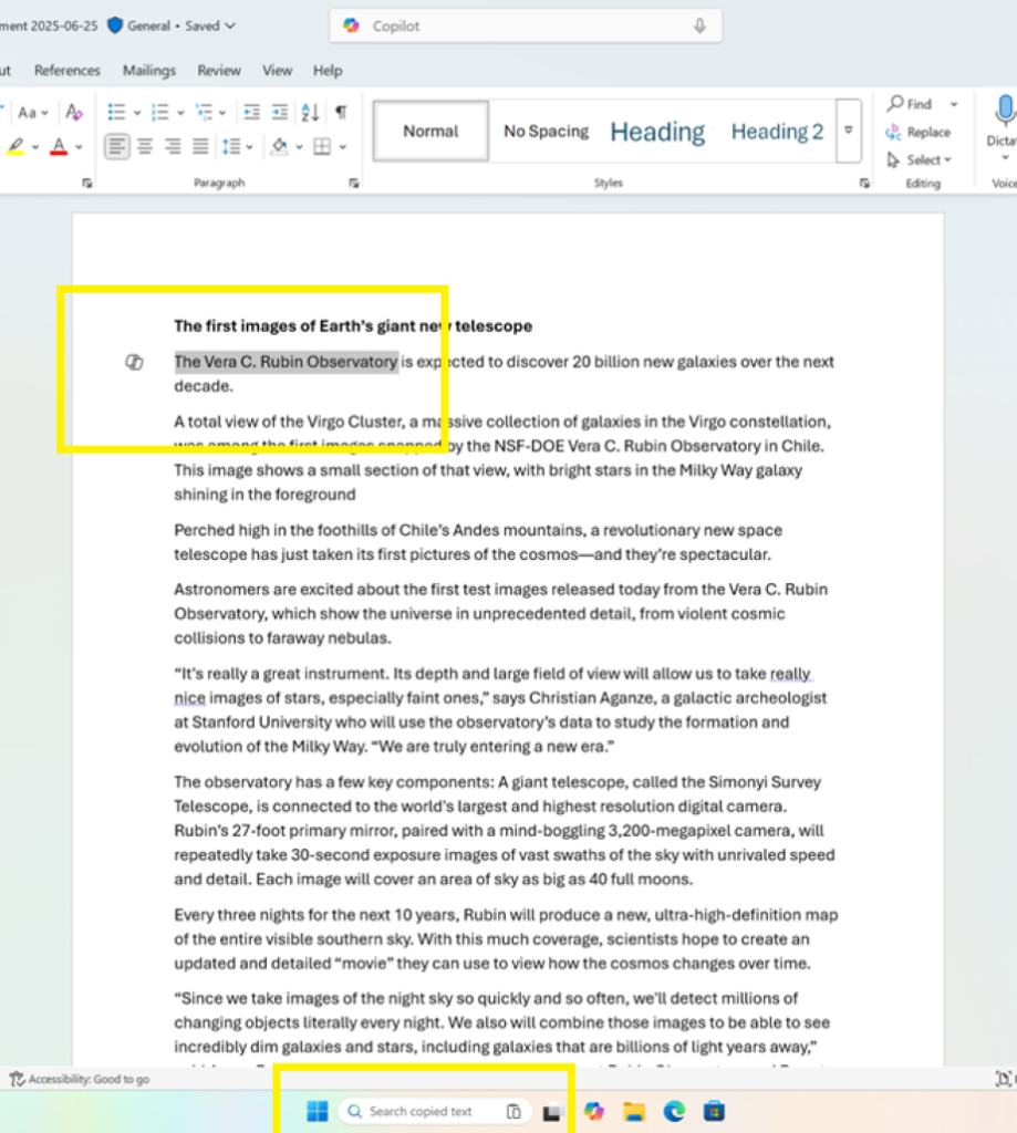Копирование текста в Windows добавляет значок вставки в поле поиска на панели задач.