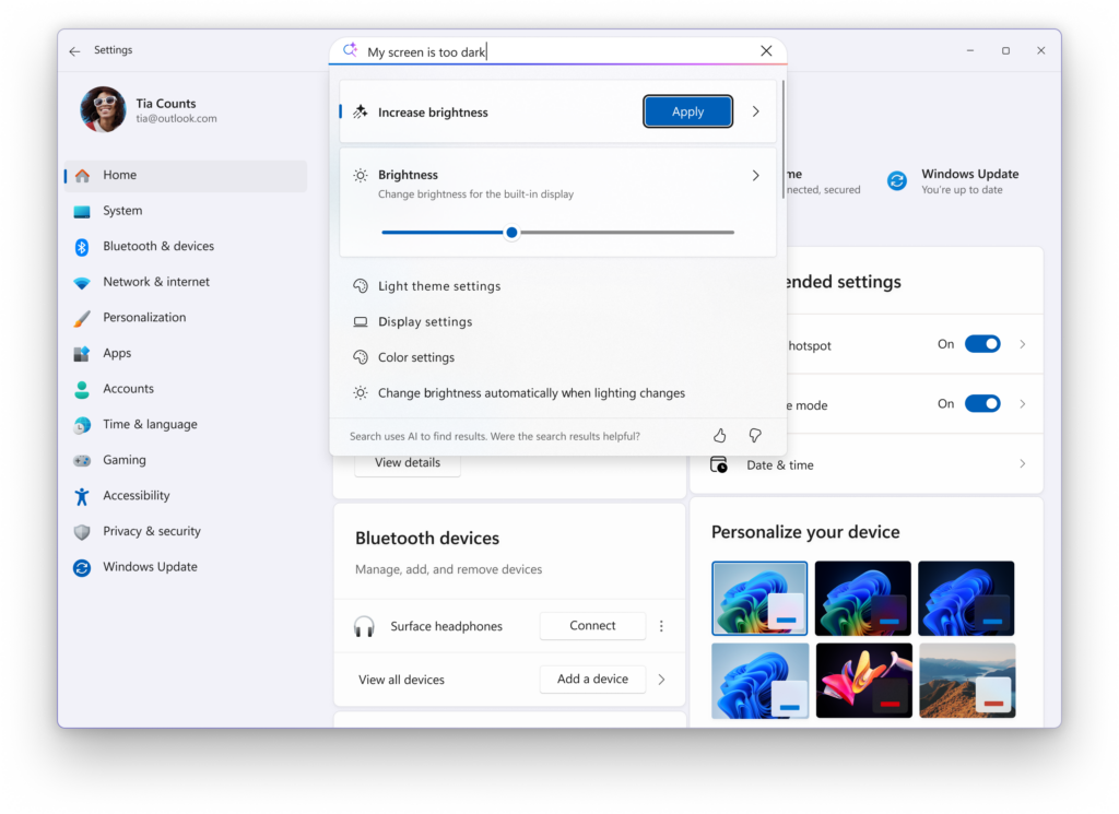 A scrollbar is added to Settings search results flyout to show all results.