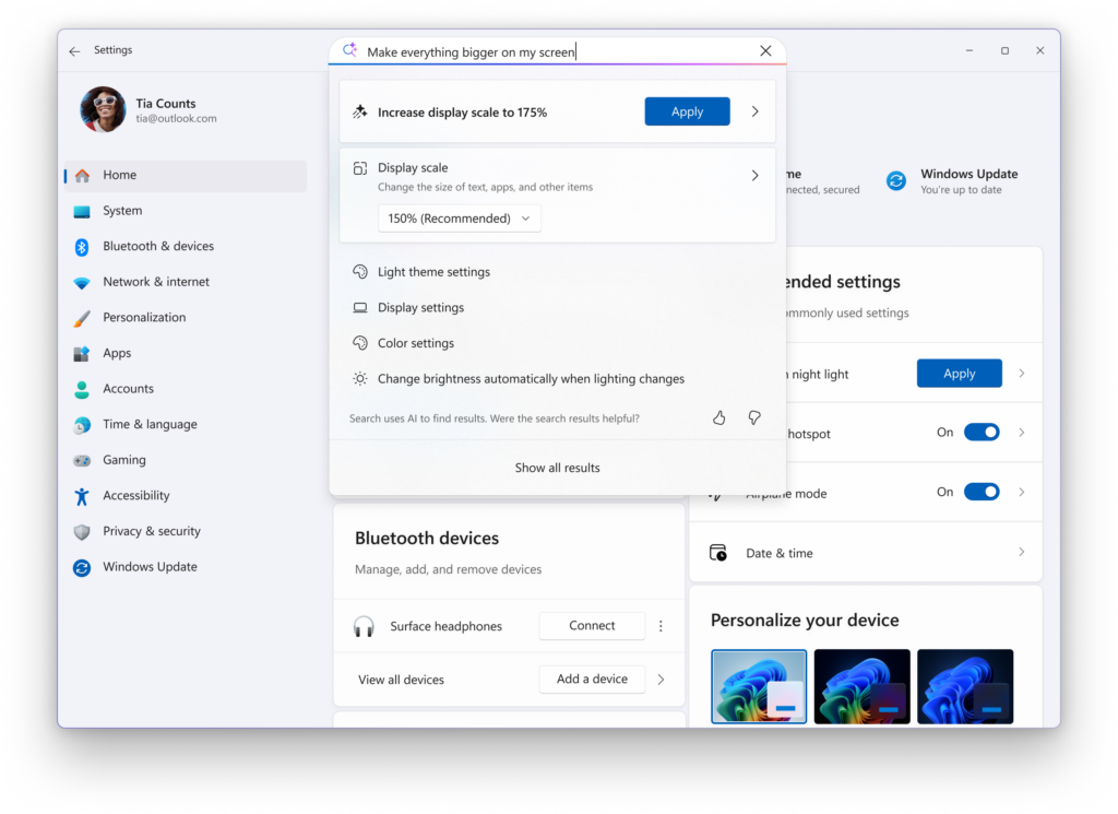 More available results are displayed within search and take action to quickly modify those settings.